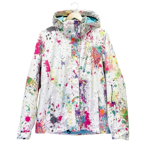 GSOU Snow 10K Waterproof Ski Snowboard Jacket White Paint Splatter Size Large - Picture 3 of 15